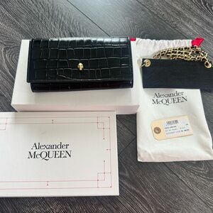 Alexander McQueen Black Croc-Embossed Wallet with Gold Skull